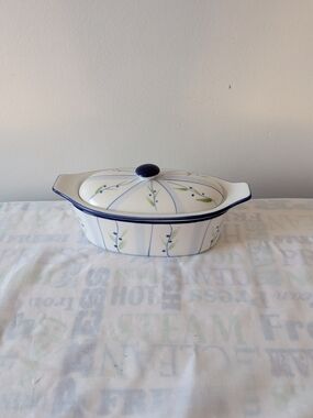 3 piece Porcelain Boat Cook Street Butter Dish Blueberry Floral Vine Design